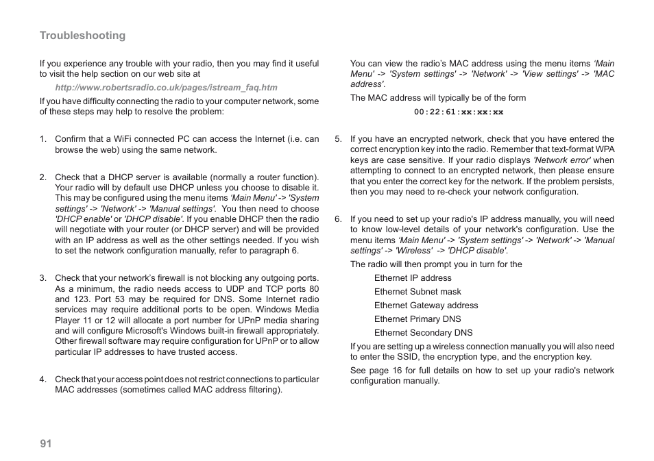 Troubleshooting | Roberts Radio iStream User Manual | Page 92 / 100