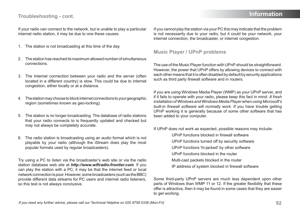 Information, Troubleshooting - cont, Music player / upnp problems | Roberts Radio iStream User Manual | Page 93 / 100