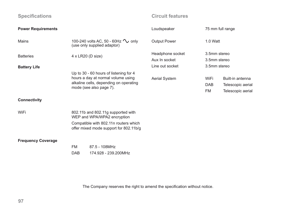 Specifications, Circuit features | Roberts Radio iStream User Manual | Page 98 / 100