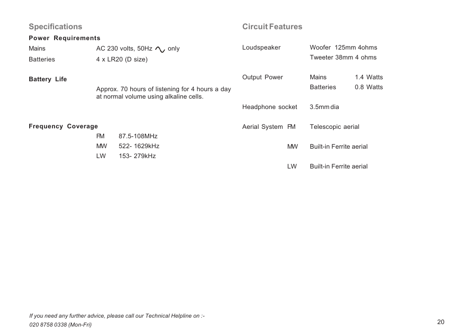 Specifications, Circuit features | Roberts Radio R9943 User Manual | Page 21 / 24