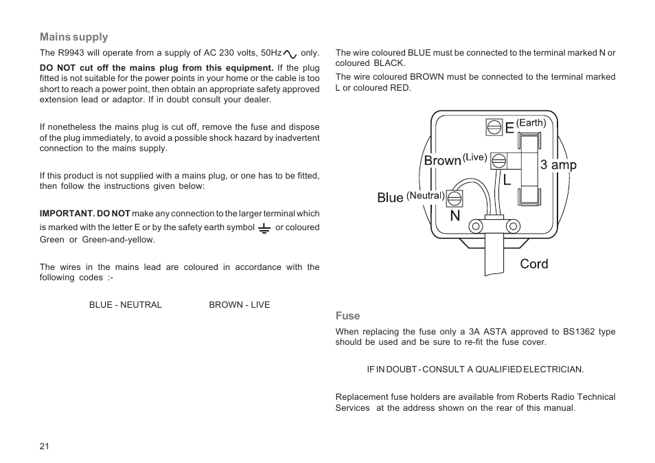 Mains supply, Fuse | Roberts Radio R9943 User Manual | Page 22 / 24