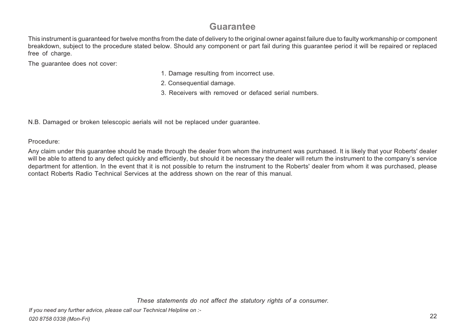 Guarantee | Roberts Radio R9943 User Manual | Page 23 / 24