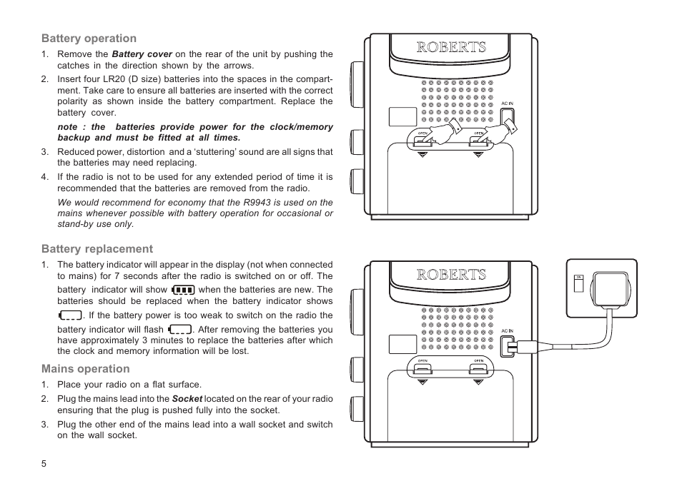 Battery operation, Mains operation, Battery replacement | Roberts Radio R9943 User Manual | Page 6 / 24