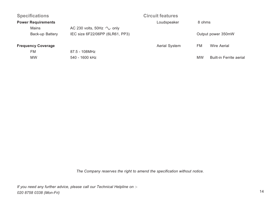 Specifications, Circuit features | Roberts Radio CR9933 User Manual | Page 15 / 16