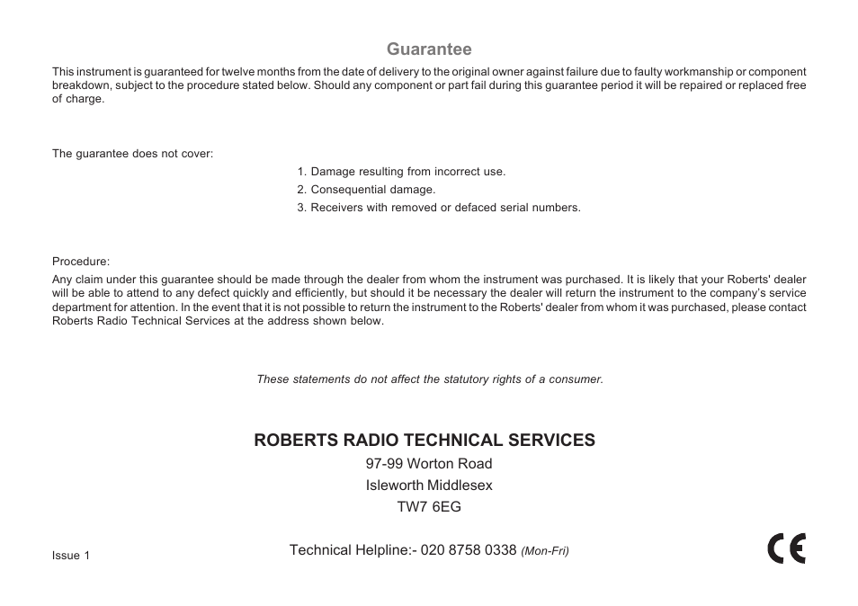 Roberts radio technical services, Guarantee | Roberts Radio CR9933 User Manual | Page 16 / 16
