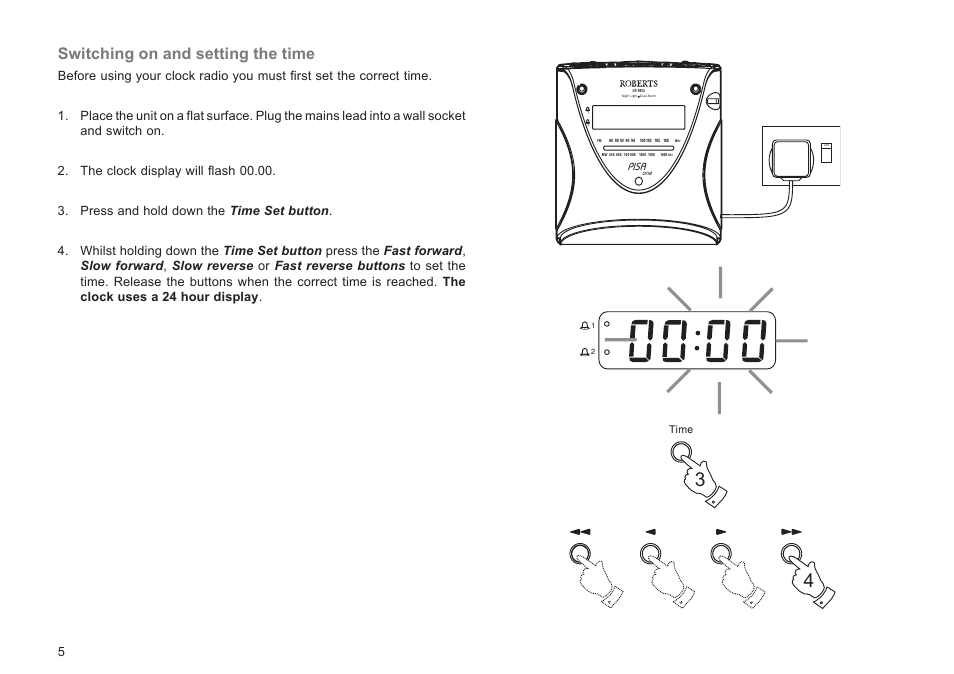 Switching on and setting the time | Roberts Radio CR9933 User Manual | Page 6 / 16