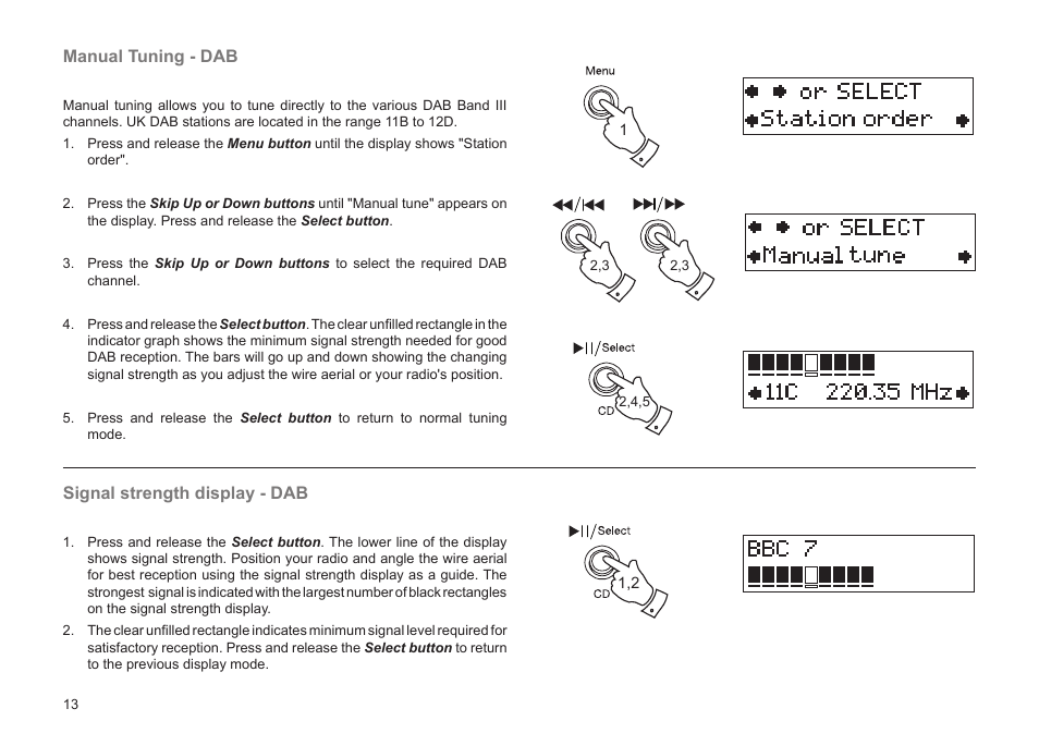 Manual tuning - dab, Signal strength display - dab | Roberts Radio BAB MP-24 User Manual | Page 14 / 44