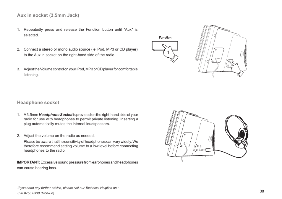 Aux in socket (3.5mm jack), Headphone socket | Roberts Radio BAB MP-24 User Manual | Page 39 / 44