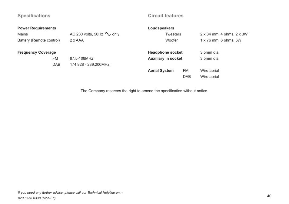 Speciﬁcations, Circuit features | Roberts Radio BAB MP-24 User Manual | Page 41 / 44