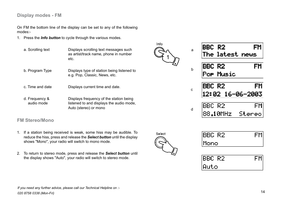 Display modes - fm, Fm stereo/mono | Roberts Radio Gemini 45 RD-45 User Manual | Page 15 / 24