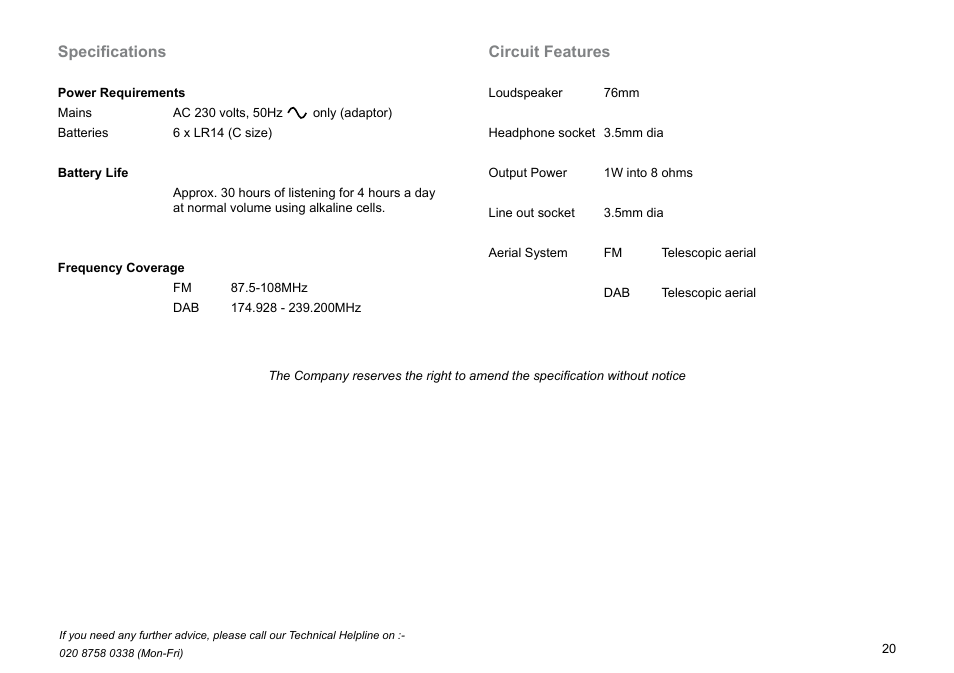 Circuit features, Specifications | Roberts Radio Gemini 45 RD-45 User Manual | Page 21 / 24