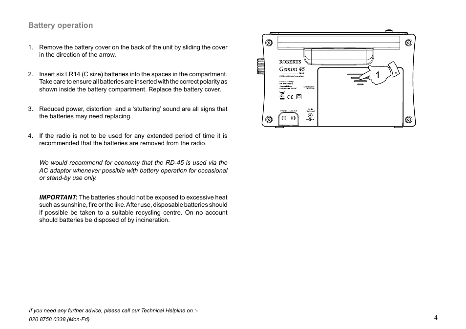 Battery operation | Roberts Radio Gemini 45 RD-45 User Manual | Page 5 / 24