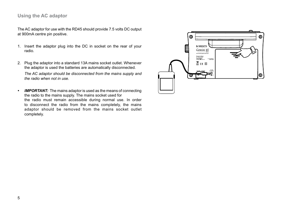 Using the ac adaptor | Roberts Radio Gemini 45 RD-45 User Manual | Page 6 / 24