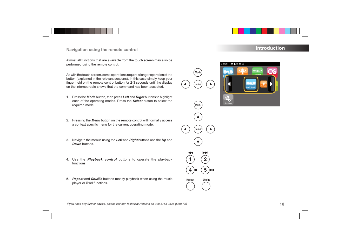Introduction, Navigation using the remote control | Roberts Radio ColourStream User Manual | Page 11 / 100