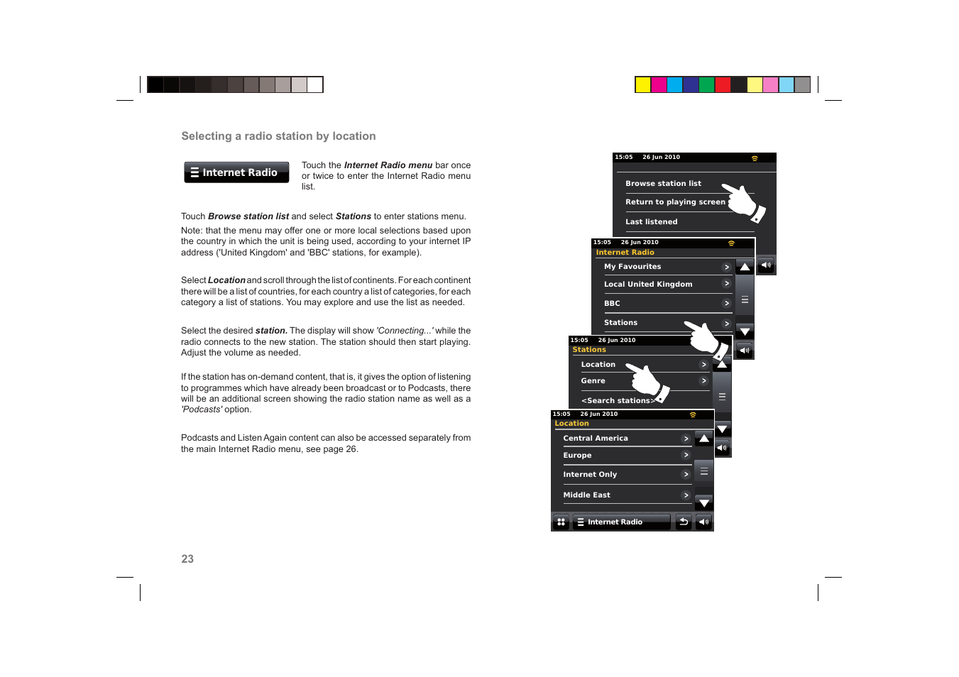 23 selecting a radio station by location | Roberts Radio ColourStream User Manual | Page 24 / 100