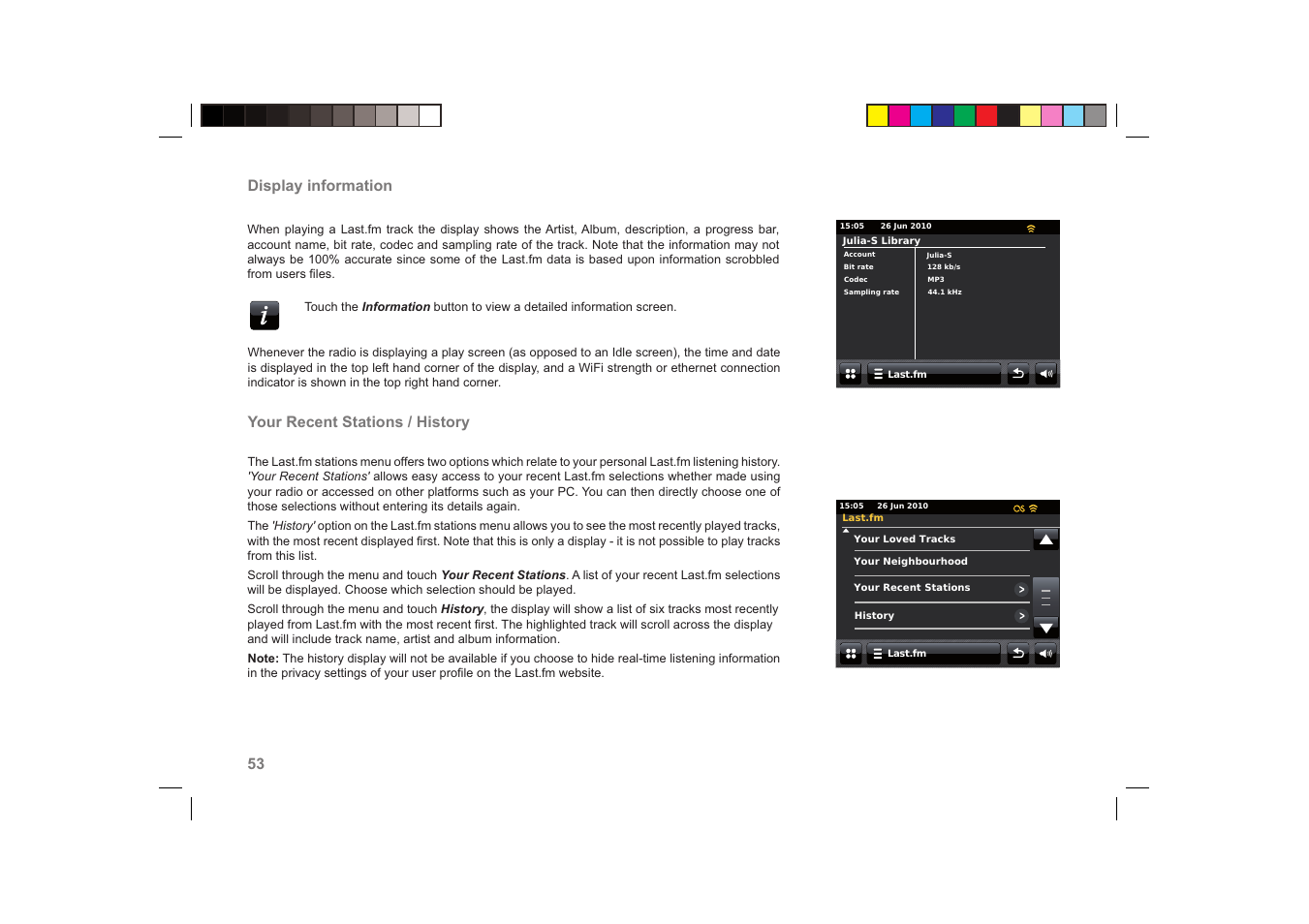 53 display information, Your recent stations / history | Roberts Radio ColourStream User Manual | Page 54 / 100