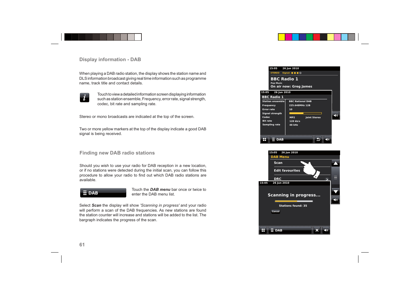 61 display information - dab, Finding new dab radio stations | Roberts Radio ColourStream User Manual | Page 62 / 100