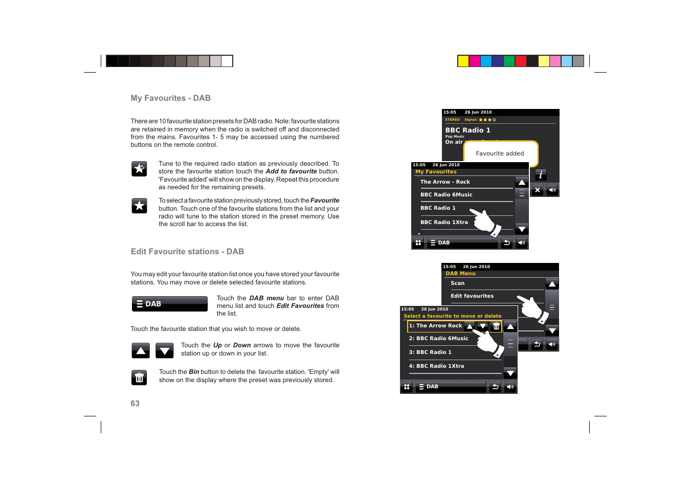 63 my favourites - dab, Edit favourite stations - dab | Roberts Radio ColourStream User Manual | Page 64 / 100