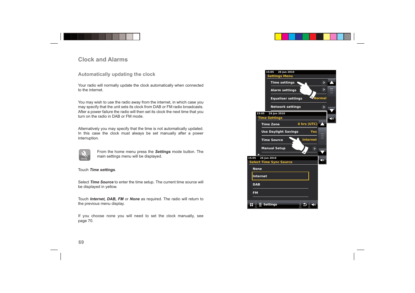 Clock and alarms | Roberts Radio ColourStream User Manual | Page 70 / 100