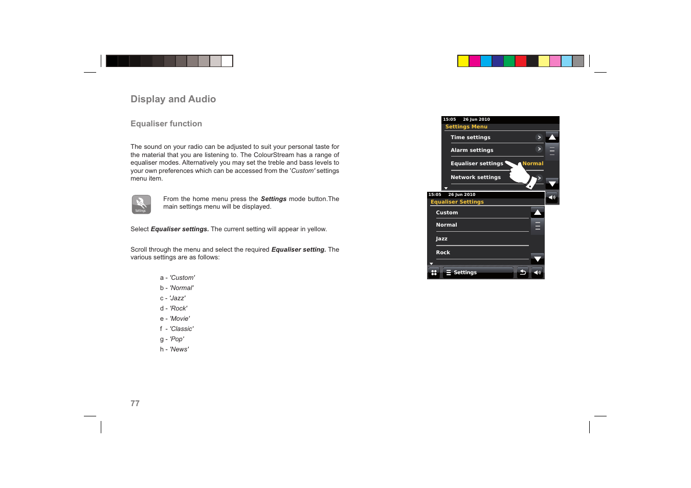 Display and audio | Roberts Radio ColourStream User Manual | Page 78 / 100