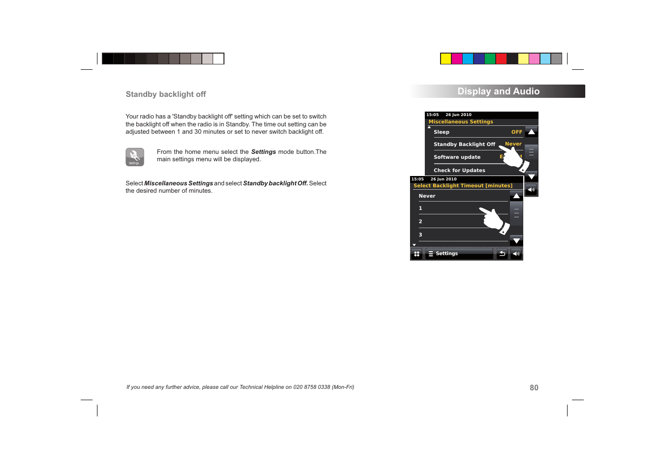 Display and audio, Standby backlight off | Roberts Radio ColourStream User Manual | Page 81 / 100