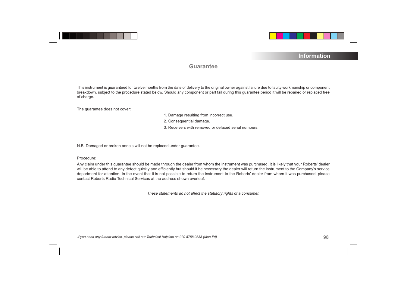 Guarantee, Information | Roberts Radio ColourStream User Manual | Page 99 / 100