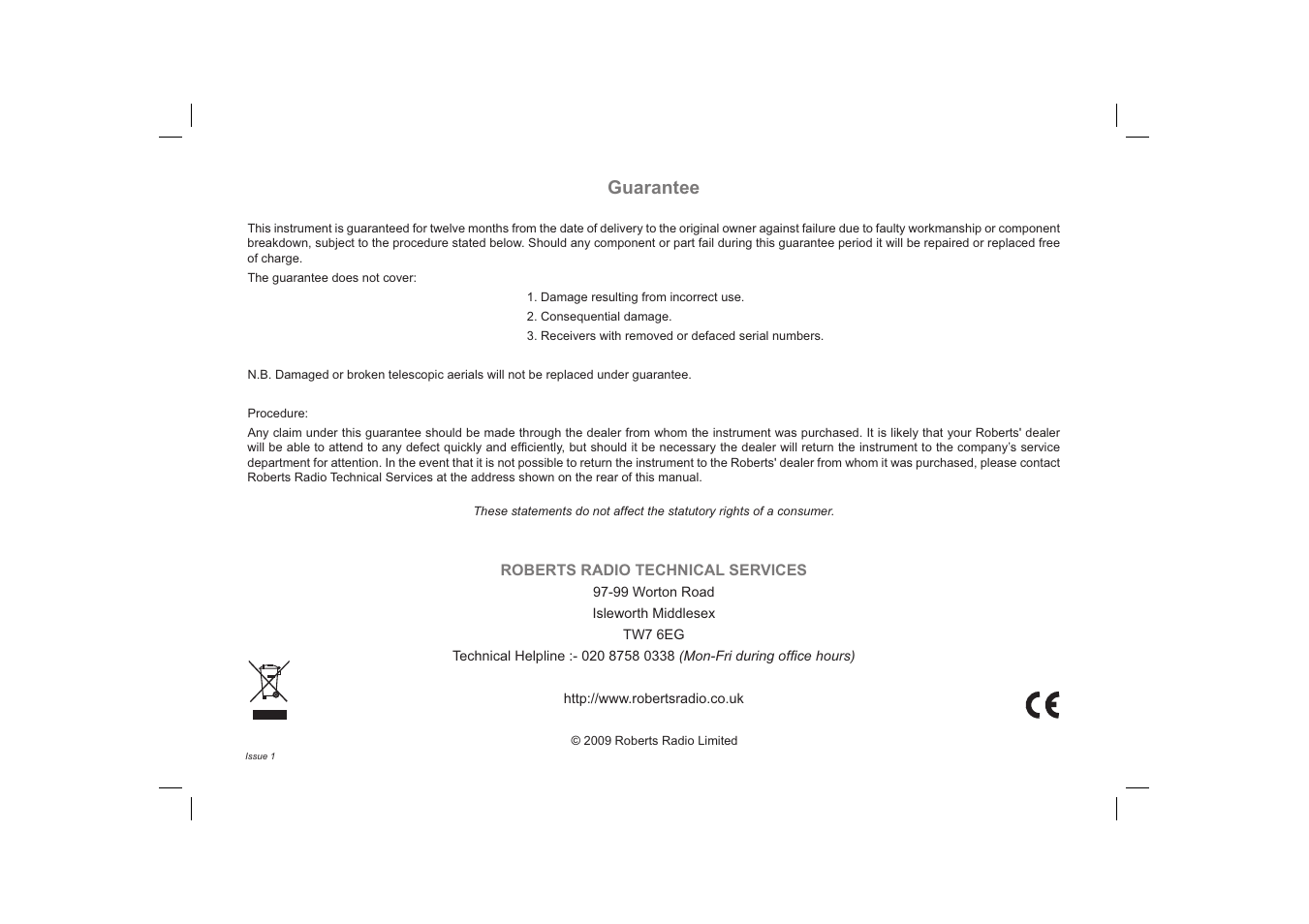 Guarantee | Roberts Radio ClassicLite User Manual | Page 28 / 28
