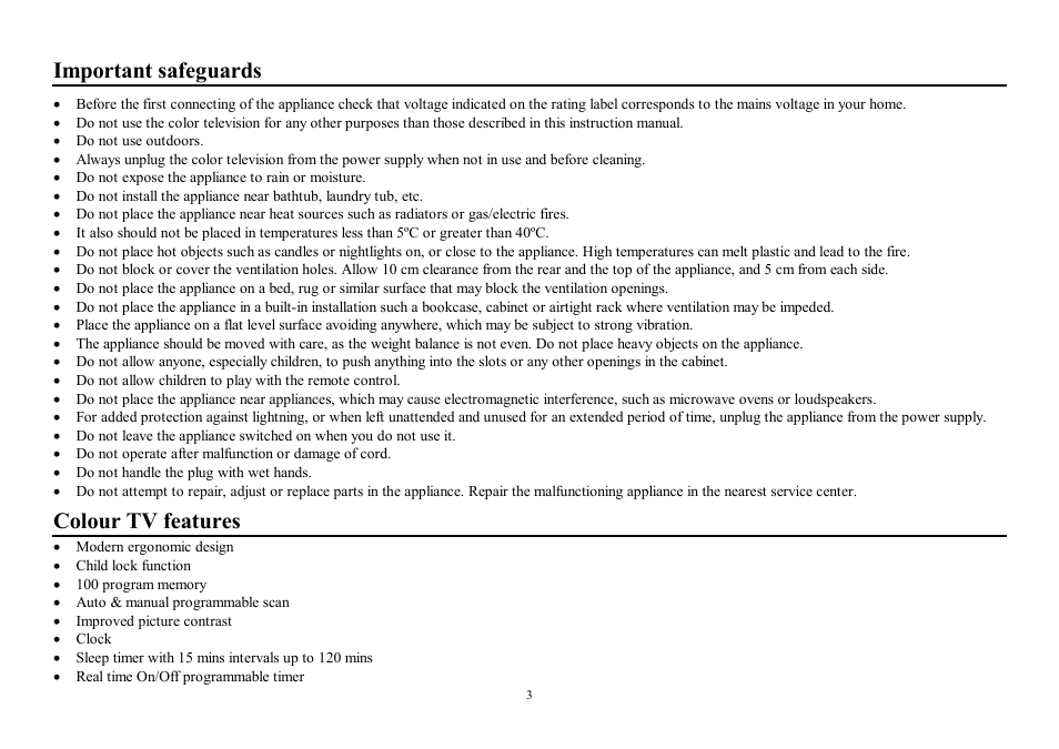 Important safeguards, Colour tv features | Hyundai H-TV2100 User Manual | Page 3 / 30