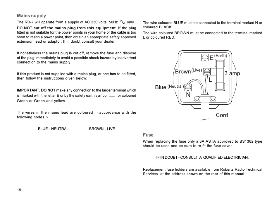 Mains supply, Fuse | Roberts Radio RD-7 User Manual | Page 20 / 22