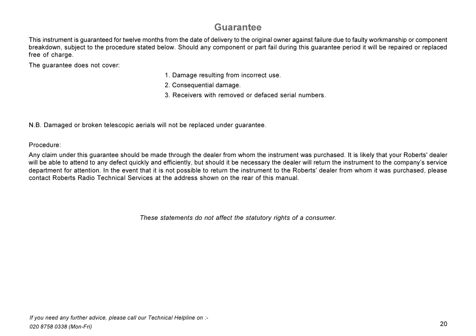 Guarantee | Roberts Radio RD-7 User Manual | Page 21 / 22