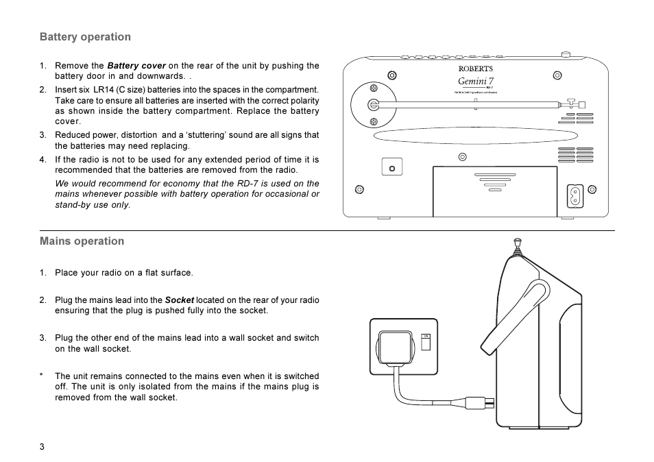 Battery operation, Mains operation | Roberts Radio RD-7 User Manual | Page 4 / 22
