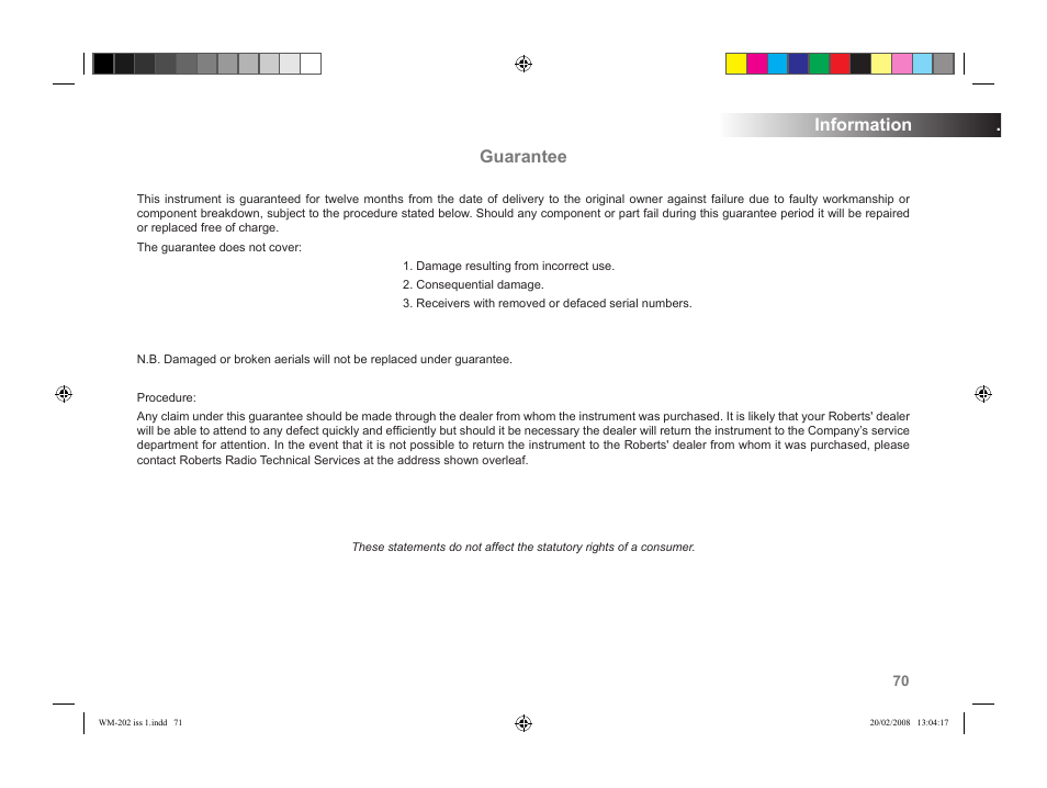 Guarantee, Information | Roberts Radio WiFi Internet Radio WM-202 User Manual | Page 71 / 72