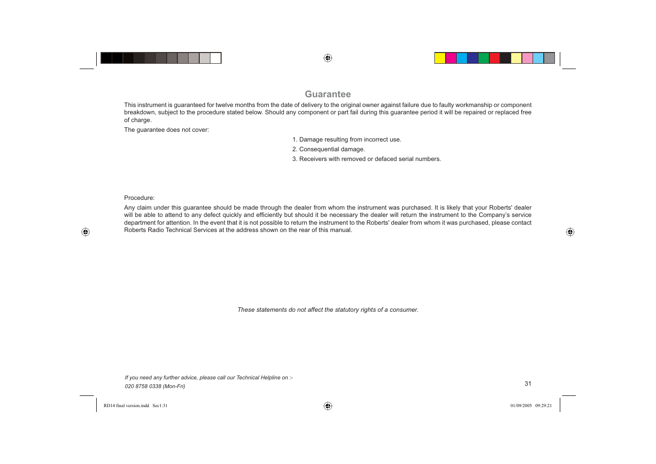 Guarantee | Roberts Radio FM RDS/DAB Digital Personal Radio RD14 User Manual | Page 31 / 32