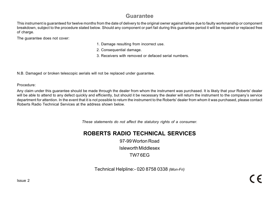 Roberts radio technical services, Guarantee | Roberts Radio R9939 User Manual | Page 20 / 20
