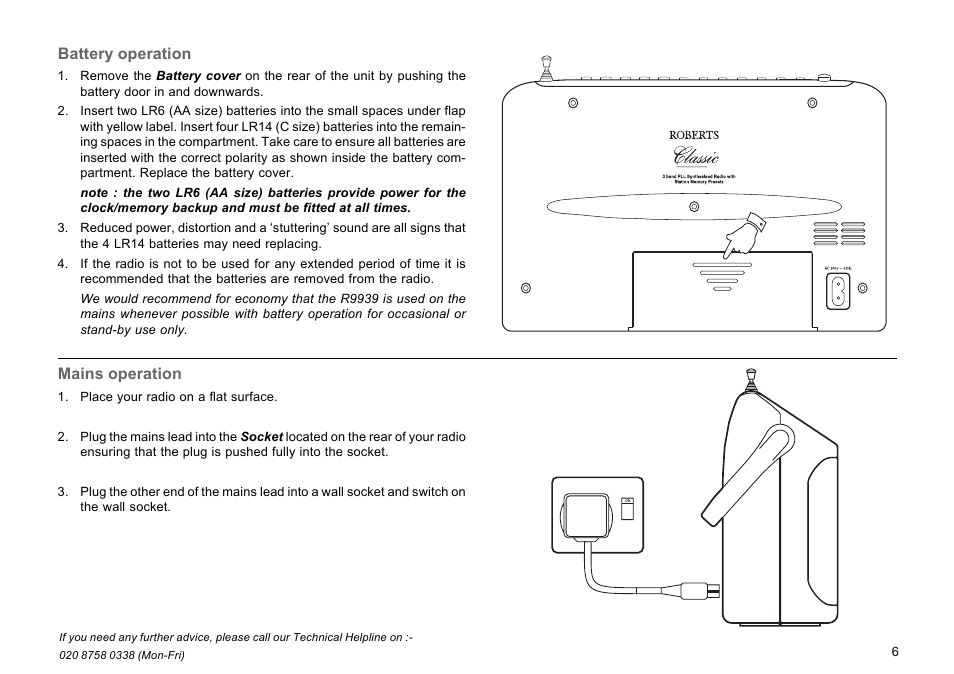 Battery operation, Mains operation | Roberts Radio R9939 User Manual | Page 7 / 20