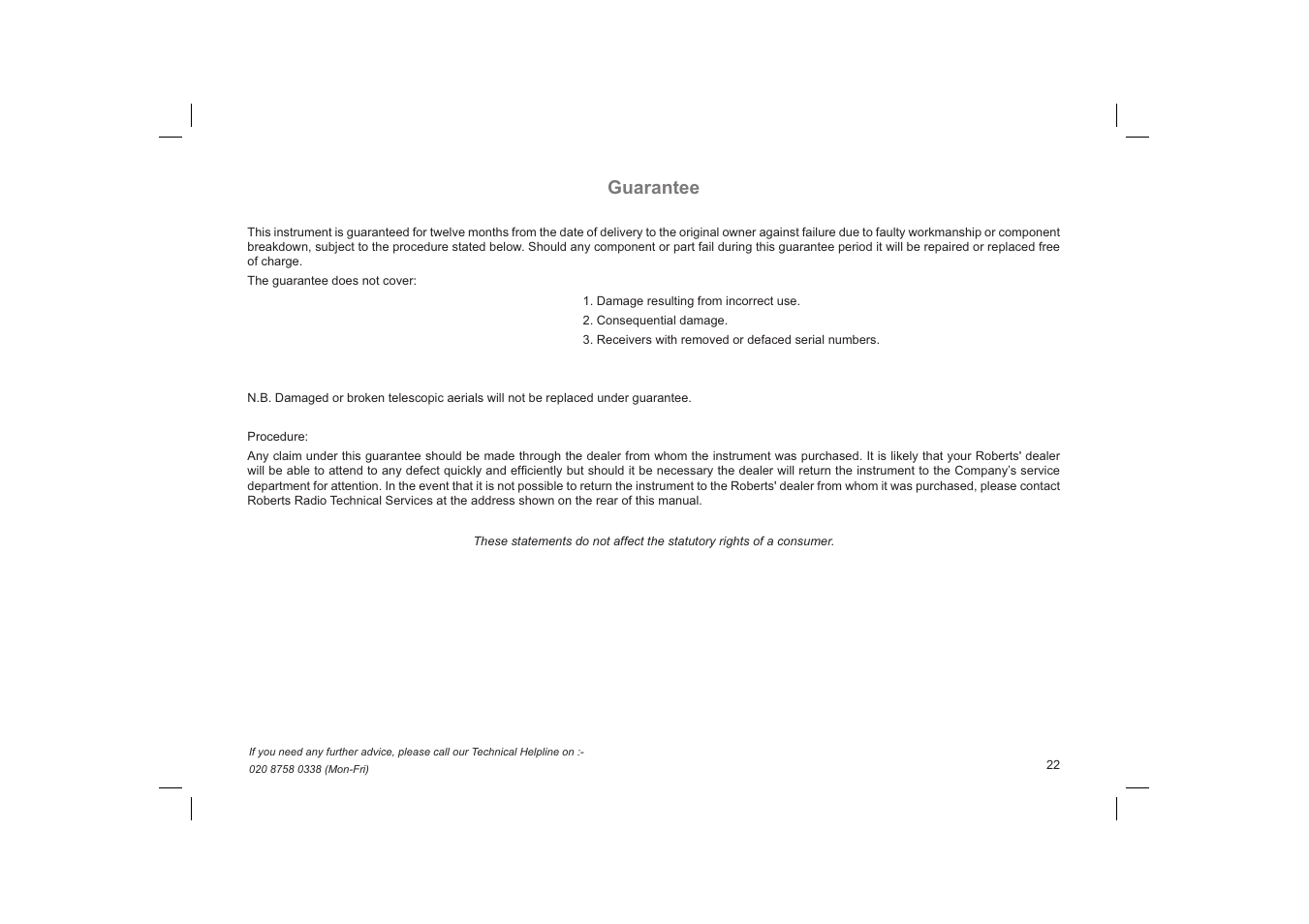 Guarantee | Roberts Radio Elise User Manual | Page 23 / 24
