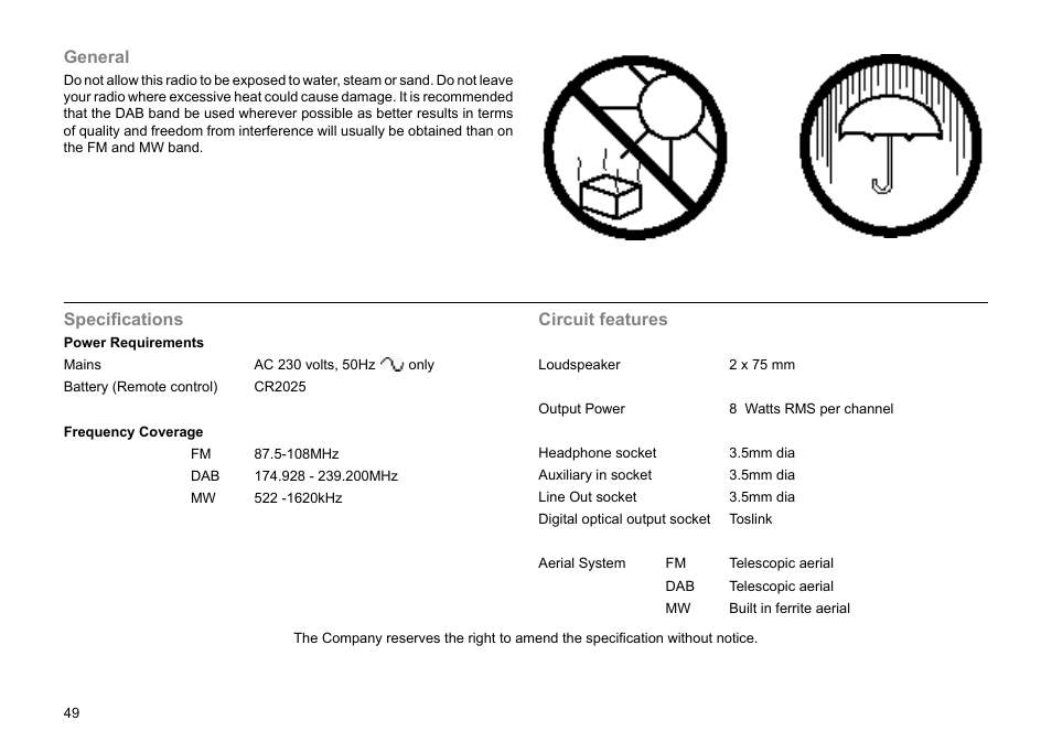 Specifications, Circuit features, General | Roberts Radio MP-23 User Manual | Page 50 / 56