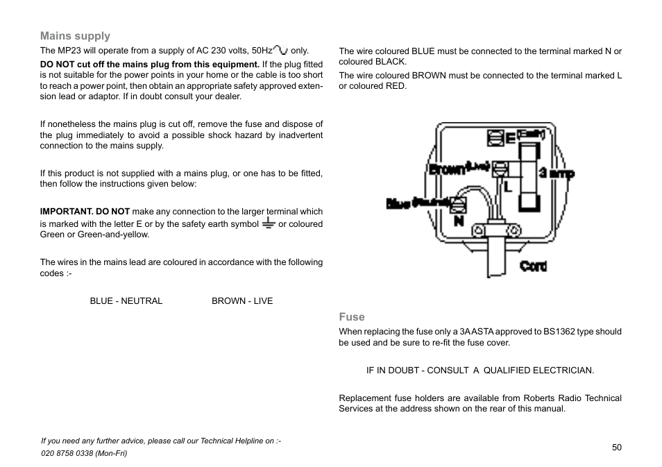 Mains supply, Fuse | Roberts Radio MP-23 User Manual | Page 51 / 56