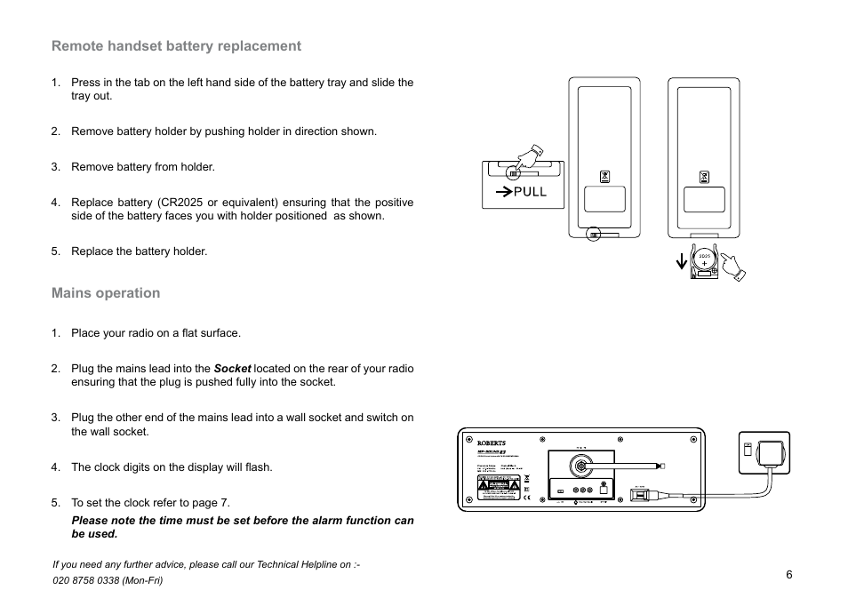 Remote handset battery replacement, Mains operation | Roberts Radio MP-23 User Manual | Page 7 / 56