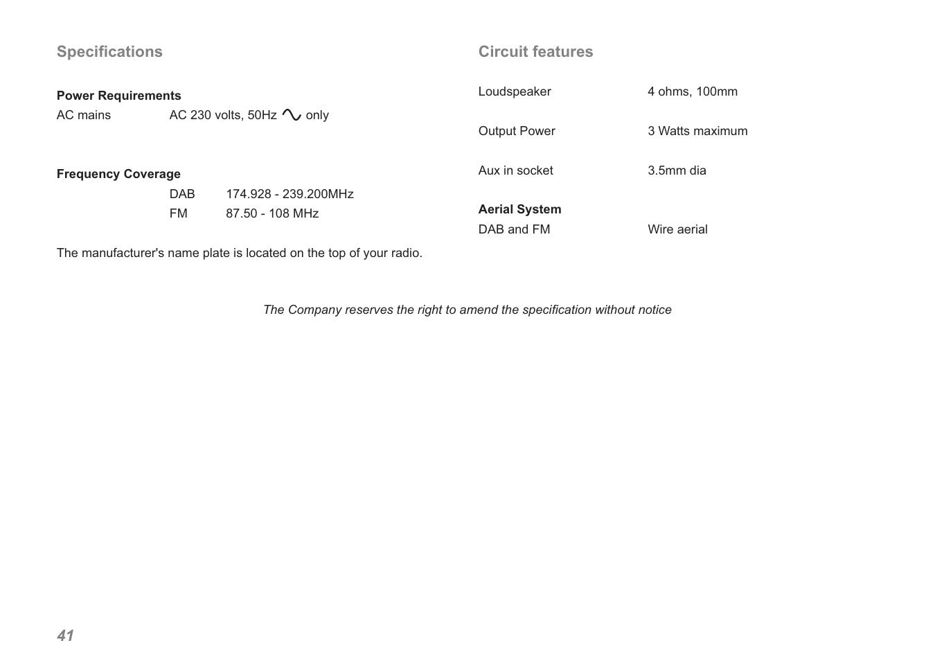 41 speciﬁ cations, Circuit features | Roberts Radio RDK-2 User Manual | Page 42 / 44