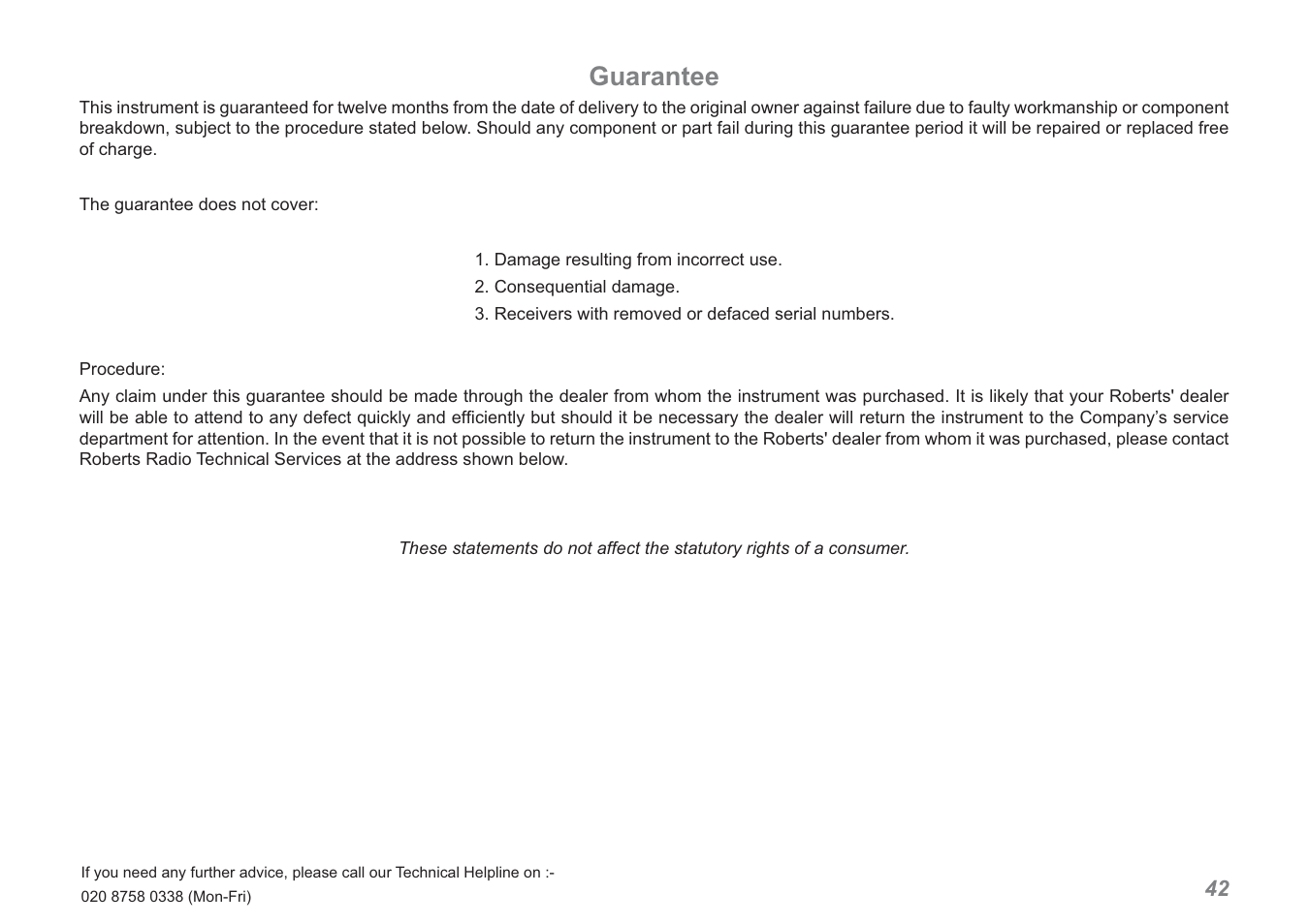 Guarantee | Roberts Radio RDK-2 User Manual | Page 43 / 44