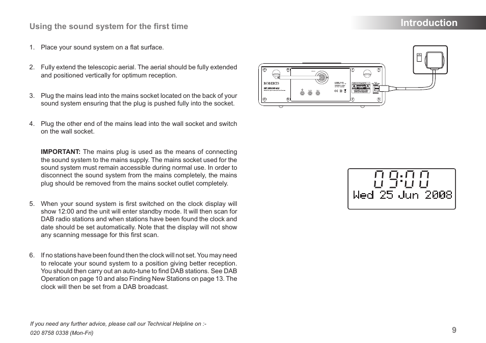 Introduction, 9using the sound system for the ﬁrst time | Roberts Radio MP-SOUND 43 User Manual | Page 11 / 52