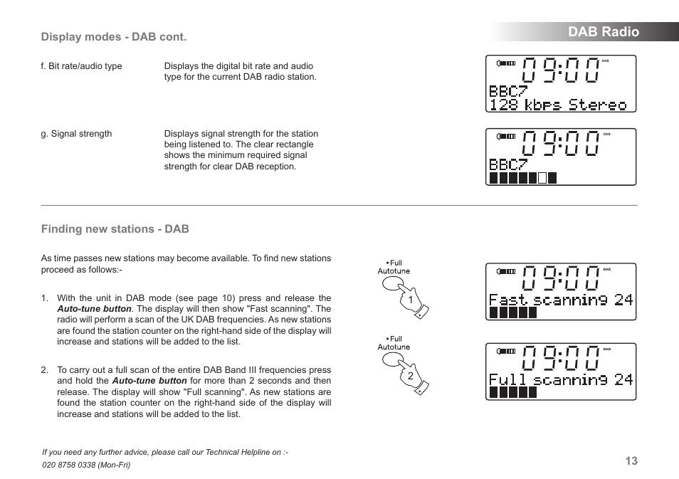 Dab radio, Display modes - dab cont, Finding new stations - dab | Roberts Radio MP-SOUND 43 User Manual | Page 15 / 52
