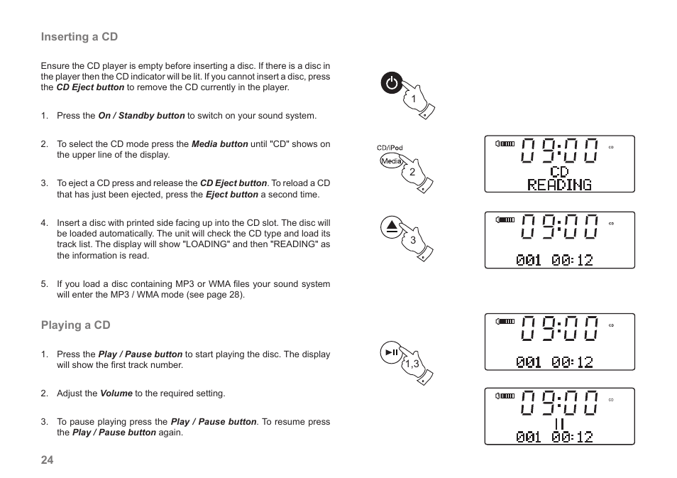 24 inserting a cd, Playing a cd | Roberts Radio MP-SOUND 43 User Manual | Page 26 / 52