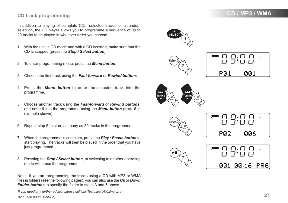 Cd / mp3 / wma, Cd track programming | Roberts Radio MP-SOUND 43 User Manual | Page 29 / 52
