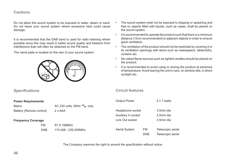 46 cautions, Speciﬁcations, Circuit features | Roberts Radio MP-SOUND 43 User Manual | Page 48 / 52