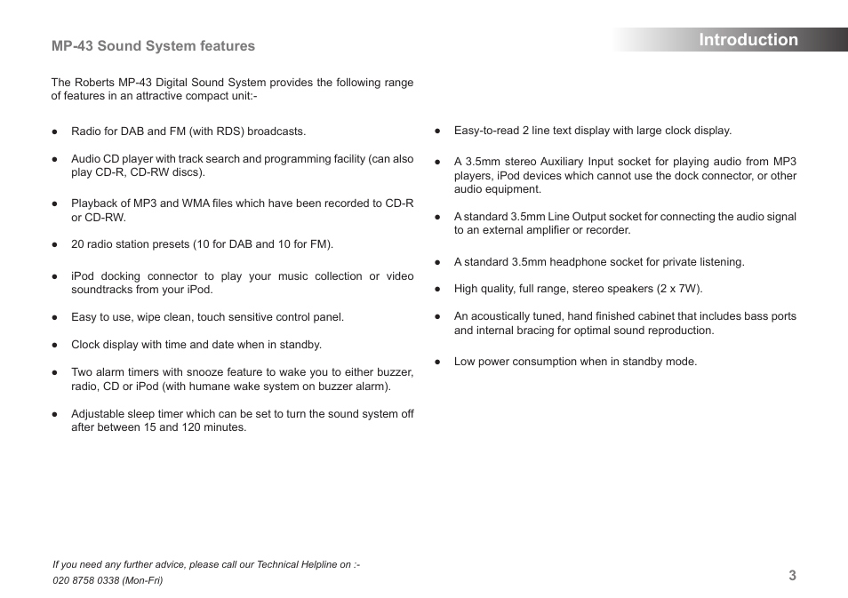 Introduction, Mp-43 sound system features | Roberts Radio MP-SOUND 43 User Manual | Page 5 / 52