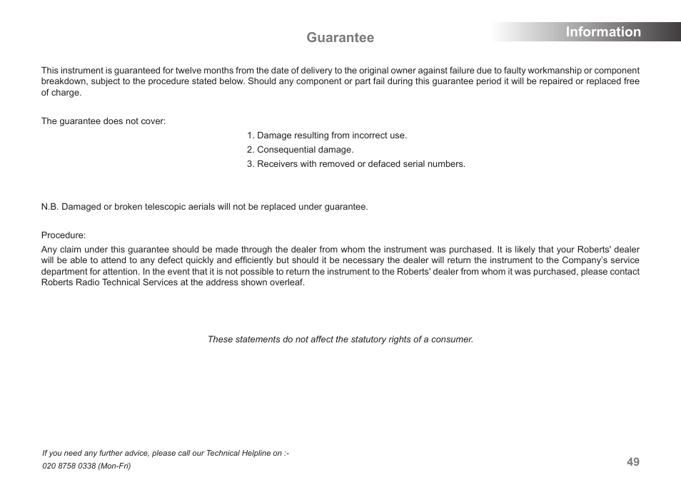 Information . guarantee | Roberts Radio MP-SOUND 43 User Manual | Page 51 / 52