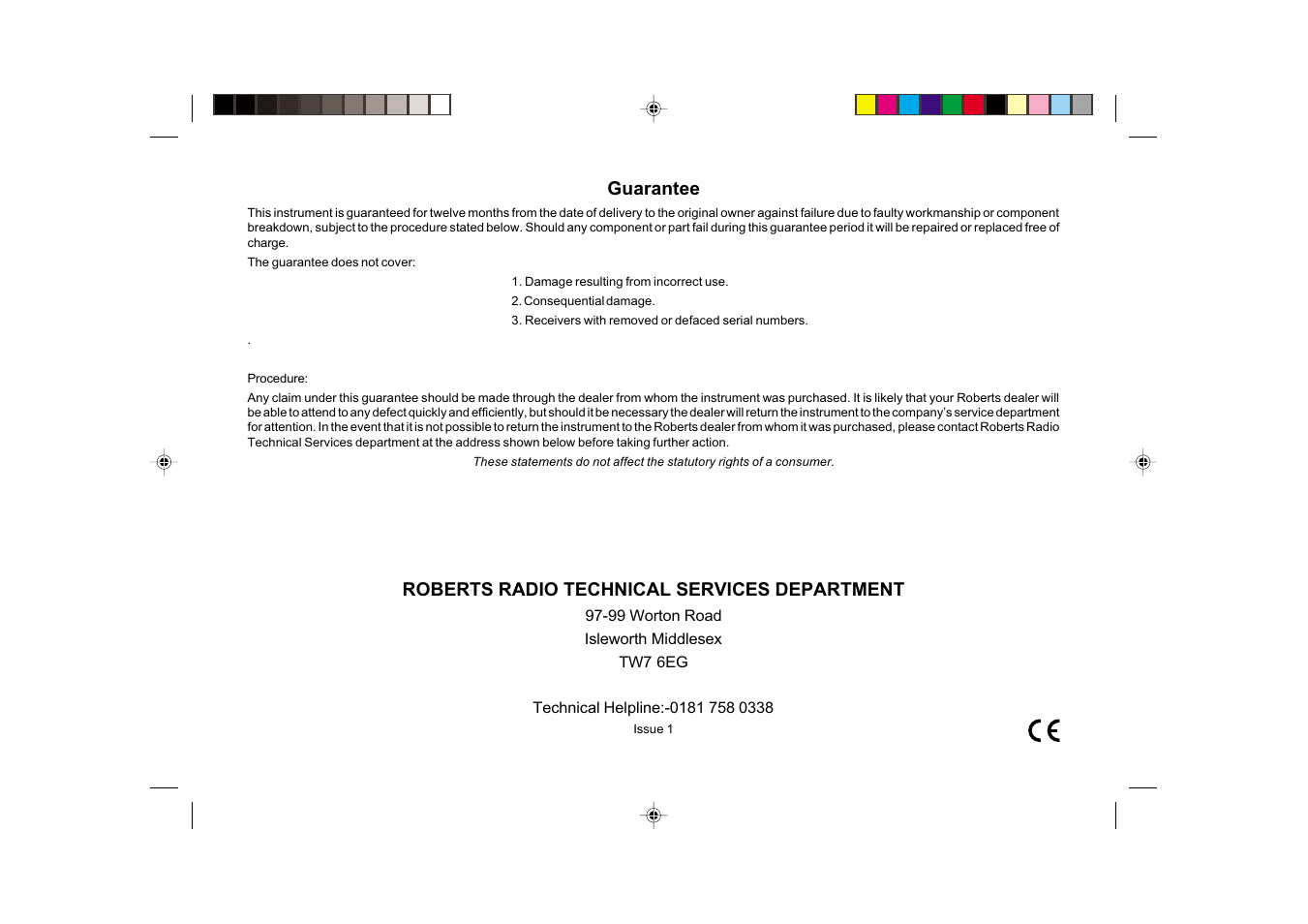 Roberts radio technical services department, Guarantee | Roberts Radio CR950 User Manual | Page 8 / 8