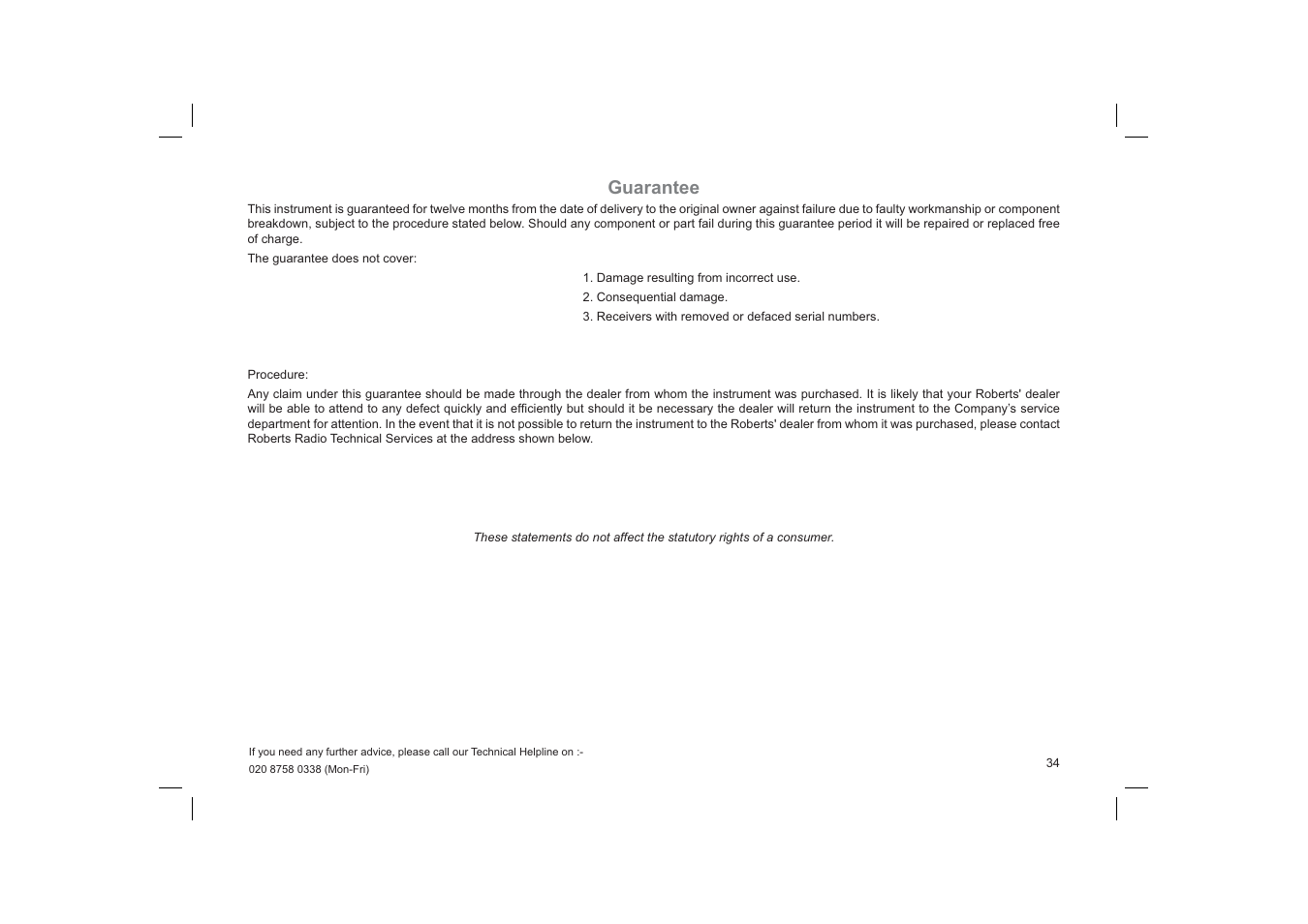 Guarantee | Roberts Radio ecologic 6 User Manual | Page 35 / 36